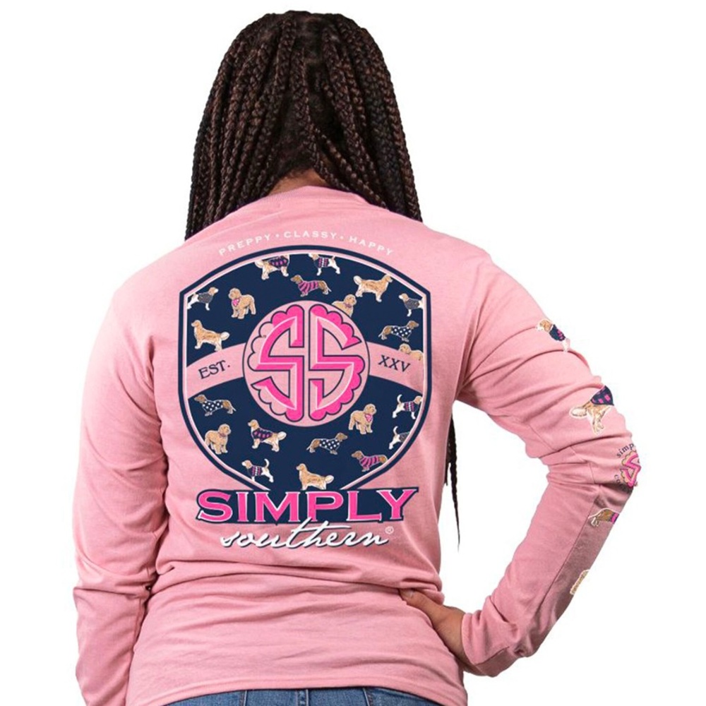 Simply Southern Pink Long Sleeve Tee with Dogs All over & SS Logo NEW - Picture 4 of 9
